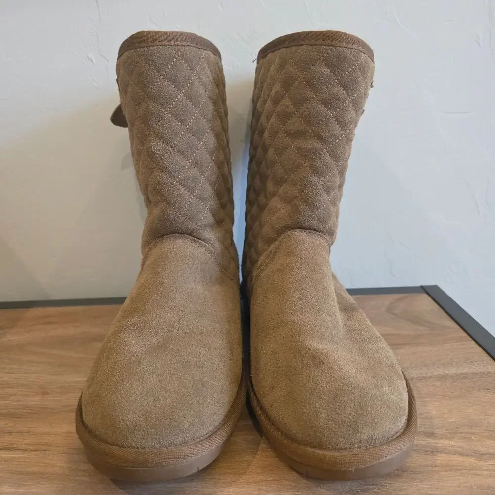 Bearpaw Quilted Suede Mid Calf Boots Women's 10 Brown Sheepskin Wool Lined